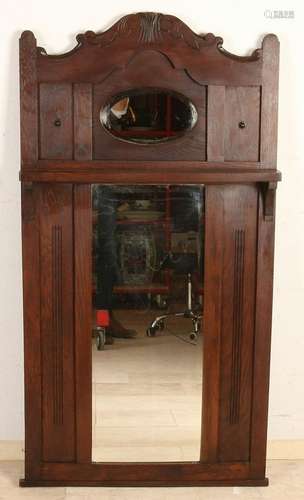 Antique oak hall mirror with faceted glass. Circa 1910