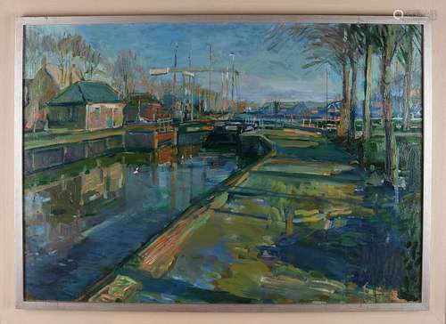 John Swan. 1953 -. View Zwartsluis. Oil on linen.