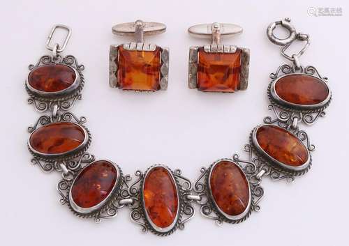 Silver bracelet with amber and cuff, 835/000, bracelet