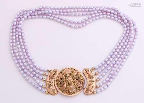 Collier 5 rows purple freshwater pearls ø 6x4mm,