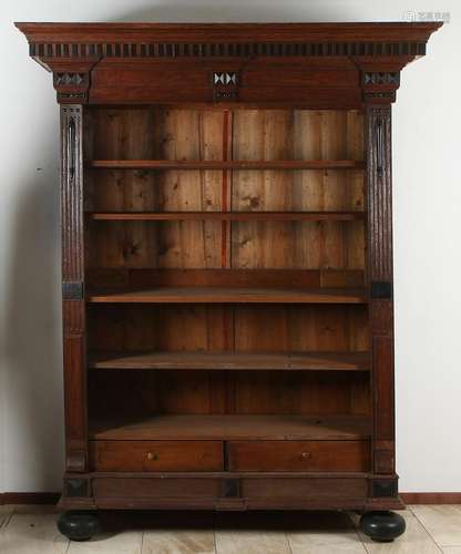 Dutch oak open bookcase. Whole standing on ball feet