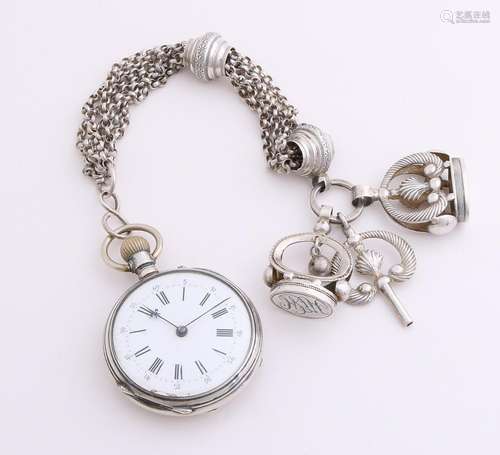 Silver pocket watch, Ø5cm, with chatelaine with 3