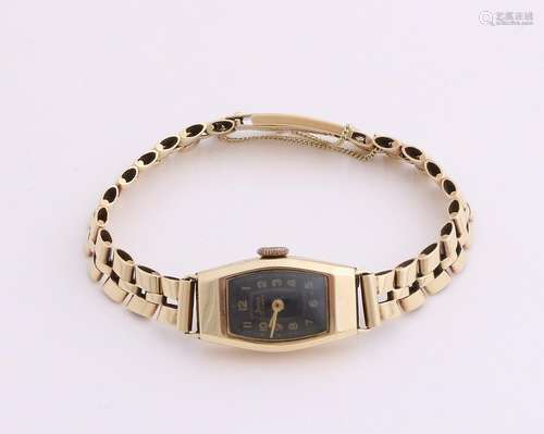 Yellow gold watch, 585/000, with gold ribbon. Oval