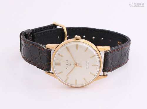 Yellow gold men's watch, 585/000, with leather strap.