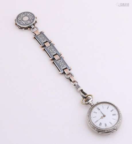 Silver hang watch with chatelaine provided with niëllo