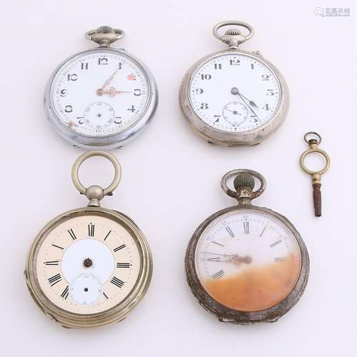 Lot 4 pocket watches, silver and white metal. A watch