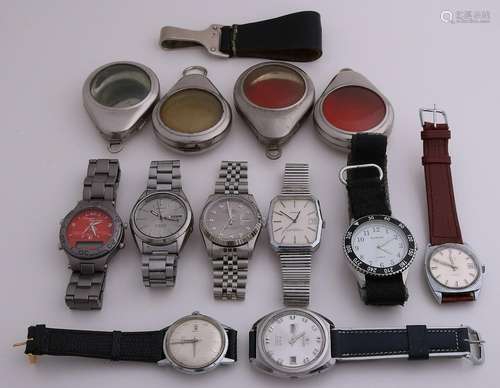 Lot with various watches and pocket protectors closet.