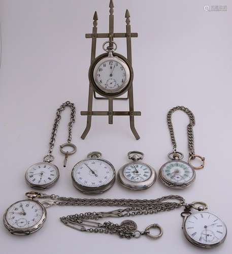 Lot 6 antique pocket watches, stop watch and a holder.