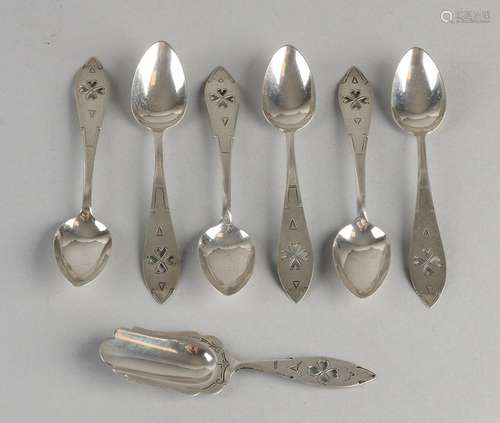 Six 835/000 Art Deco silver teaspoons, partly matted