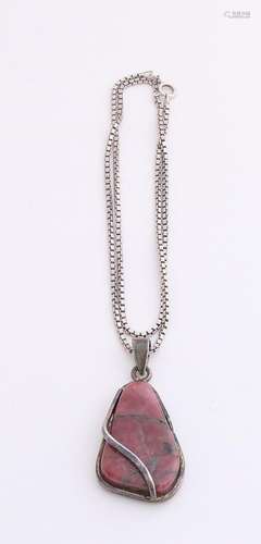 Silver necklace and pendant, 925/000, with rhodonite.