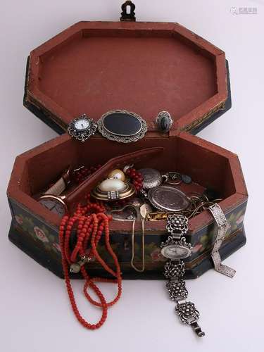 Wooden box with painting, filled with various jewelry