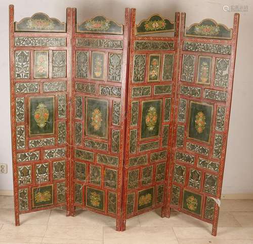 Oriental wood inserted handpainted folding screen. 20th