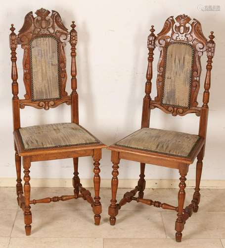 Four antique French oak chairs with good coating. Circa