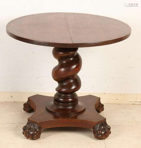 Antique oak side table with twisted leg and claw feet.