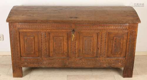 Large oak blanket chest with monogram and dated 1709.