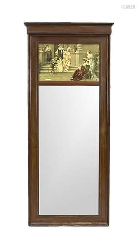 Mirror in lithography behind glass. Circa 1900. Walnut.