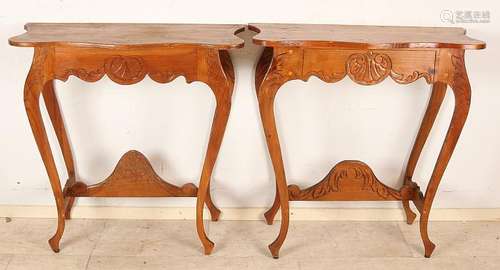 Two Oriental wood inserted wall console tables. 20th