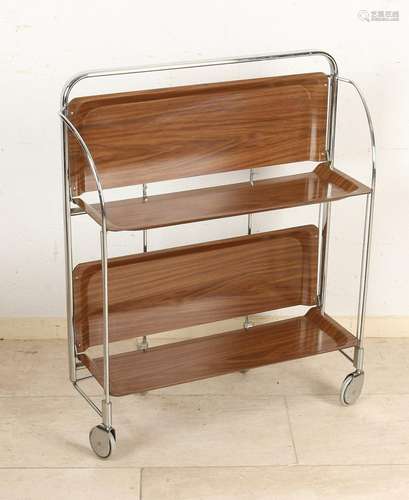 50-Year tea trolley on wheels. Chrome. Foldable. Size: