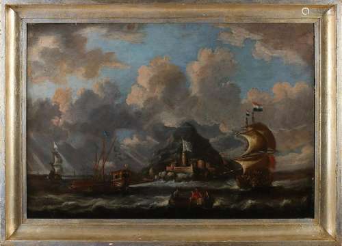 17th century Dutch seascape. Dutch ships nearby island