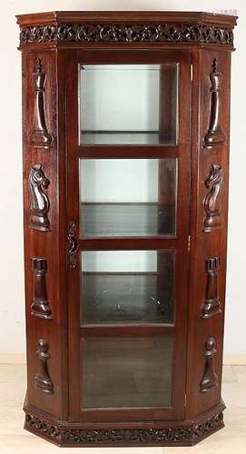 Octagonal two-door display case with teak faceted glass