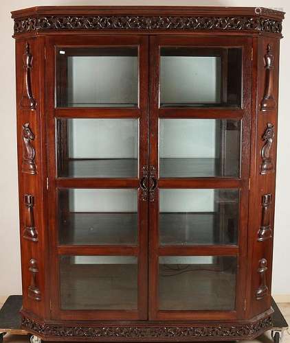 Octagonal teak two-door display cabinet with faceted