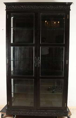 High large two-door teak display cabinet with faceted