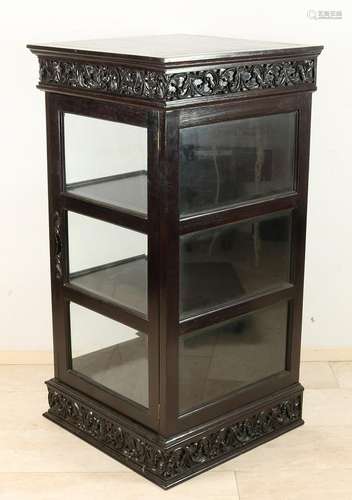 Dark stained wood inserted cabinet. One-door with