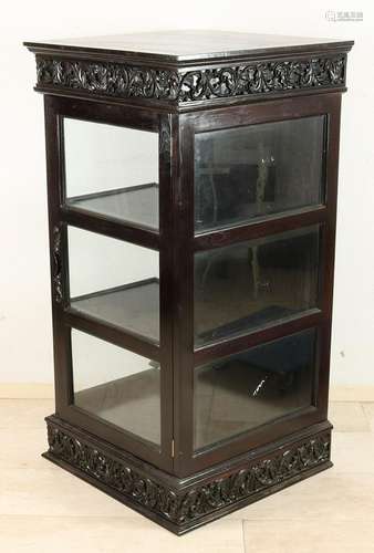 Dark stained wood inserted cabinet. One-door with