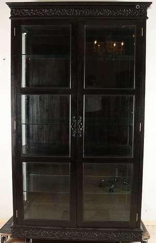 High large two-door teak display cabinet with faceted