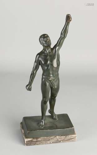 Antique bronze figure. Circa 1920. Male athlete. Placed