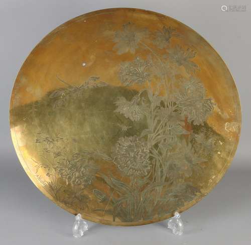 Large antique brass carved wall art nouveau bowl with