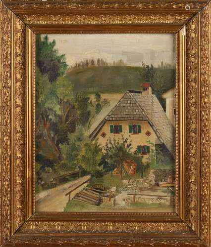 Unsigned. Circa 1900. German landscape with house. Oil