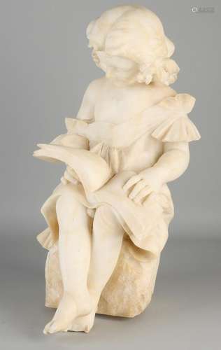 Big antique alabaster Fig. Girl reading. Foot glued,