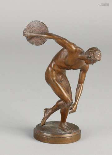 Ancient Roman bronze discus thrower. Circa 1920.