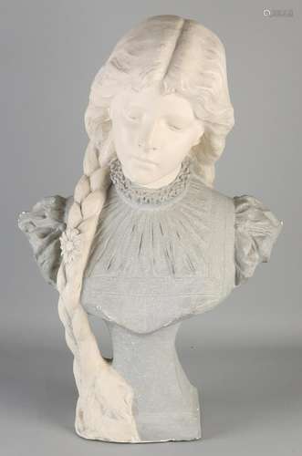 Large plaster Nouveau-style bust. Girl with ponytail.