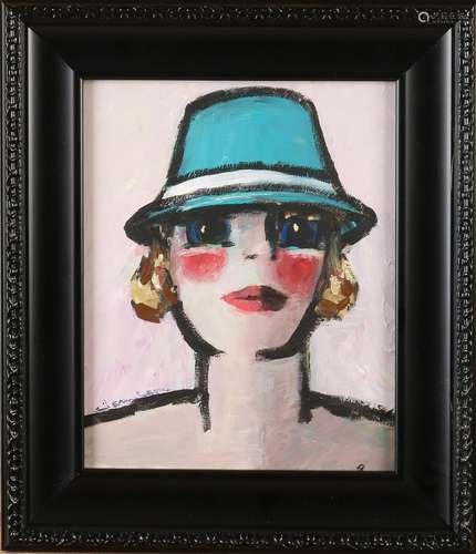 Jean Leon. Belgian School. Lady with hat. Oil paint on