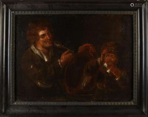 Unsigned 18th century paintings two figures scraping