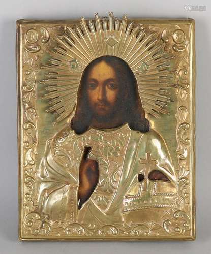 19th Century Russian icon. Christ Pantocrator. Brass