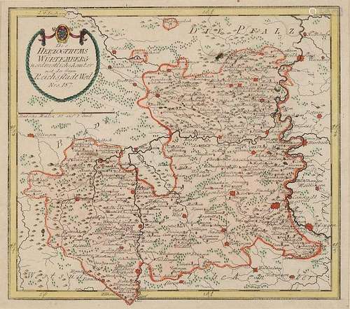 German 18th Century hand-colored map. Herzogthums