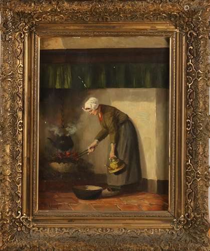 H. van Langen. 1874 - 1964 Peasant Woman at fireplace.