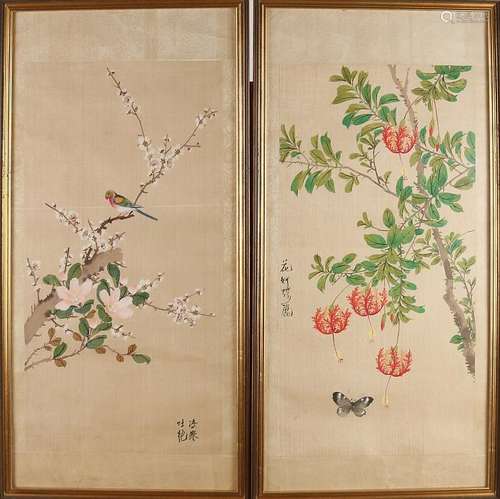 Two old Japanese silk paintings. Signed. Birds on