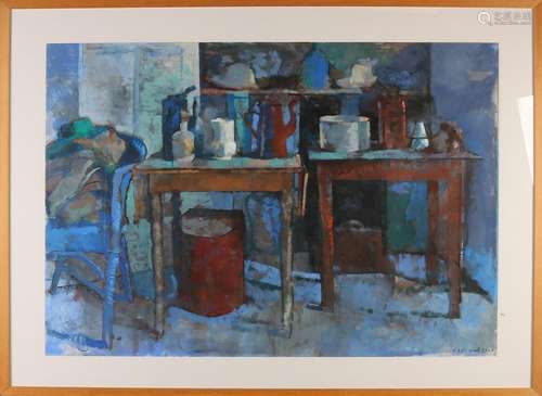 Kees Hak. 2001. 1941 -. Still with tables. Gouache on