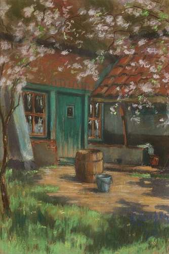 K. Loesen? Farmhouse with blossom. Gouache on paper.