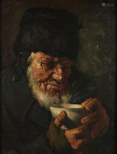 Unsigned. Circa 1930. Jewish man drinks tea. Oil on