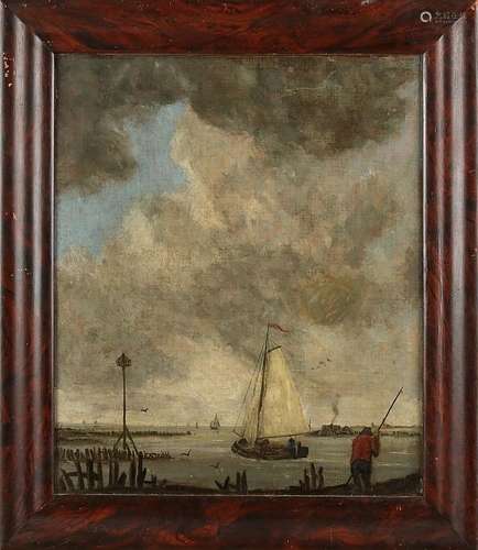 Unsigned. Early painting. Dutch harbor scene. Partly