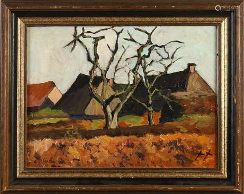 Jan Kruijsen. 1874 - 1938. Farm with trees. Oil paint