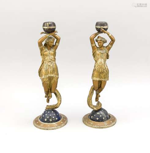 Two antique bronze metal candle composition