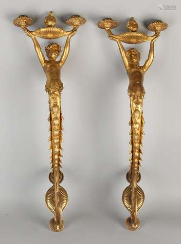 Two rare large ormolu bronze Empire candlesticks wall