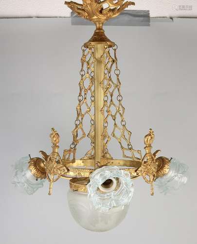 Four gilt-brass pendant light with original glass