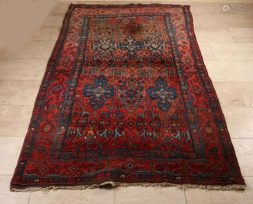 Old Persian rug. Floral, red etc. light damage. Size: